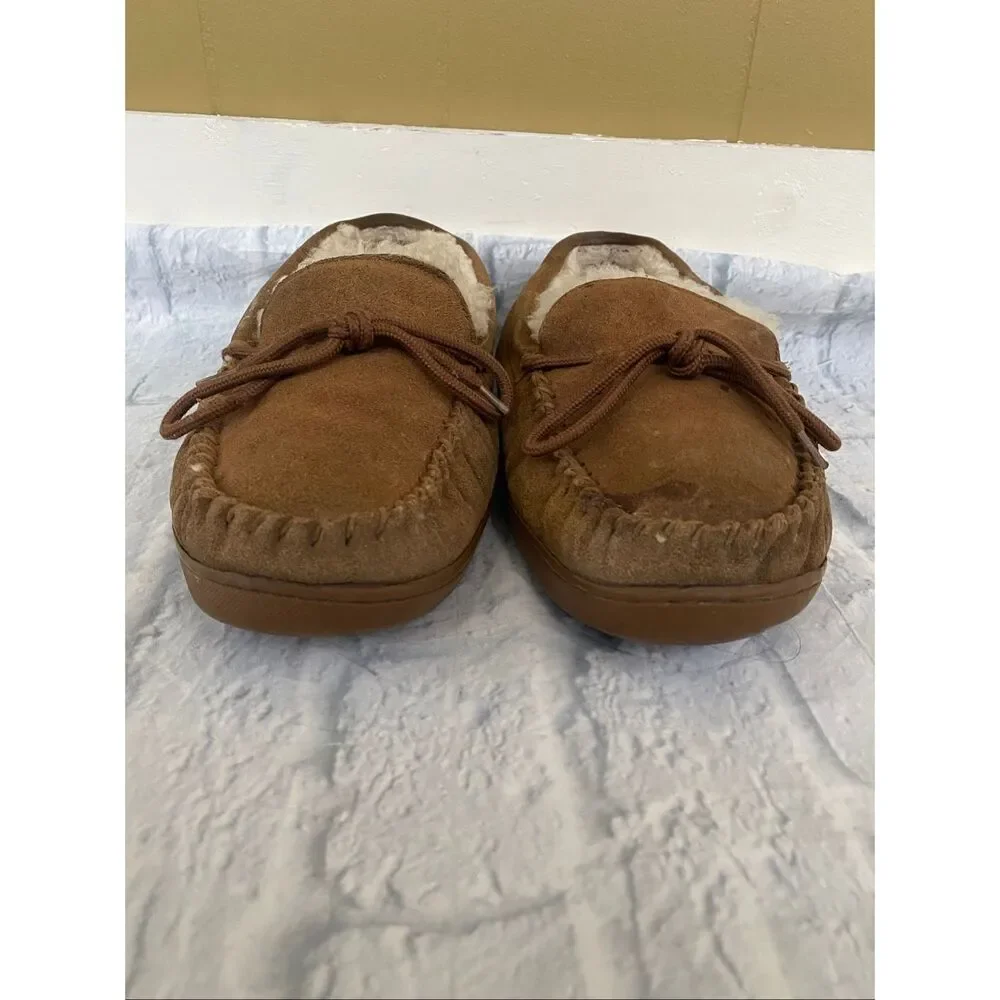 Bearpaw men 13 suede slip on moccasins w/front tie tan